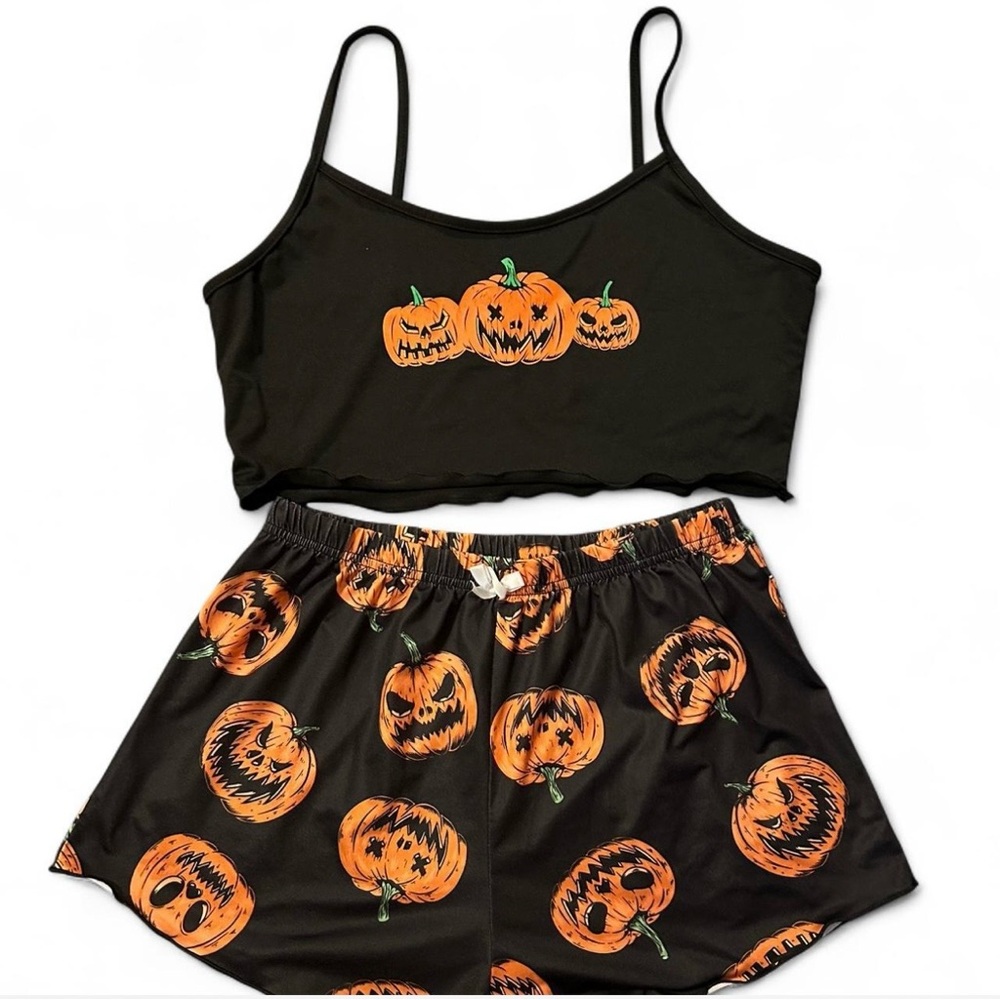 black & orange halloween crop top and shorts set